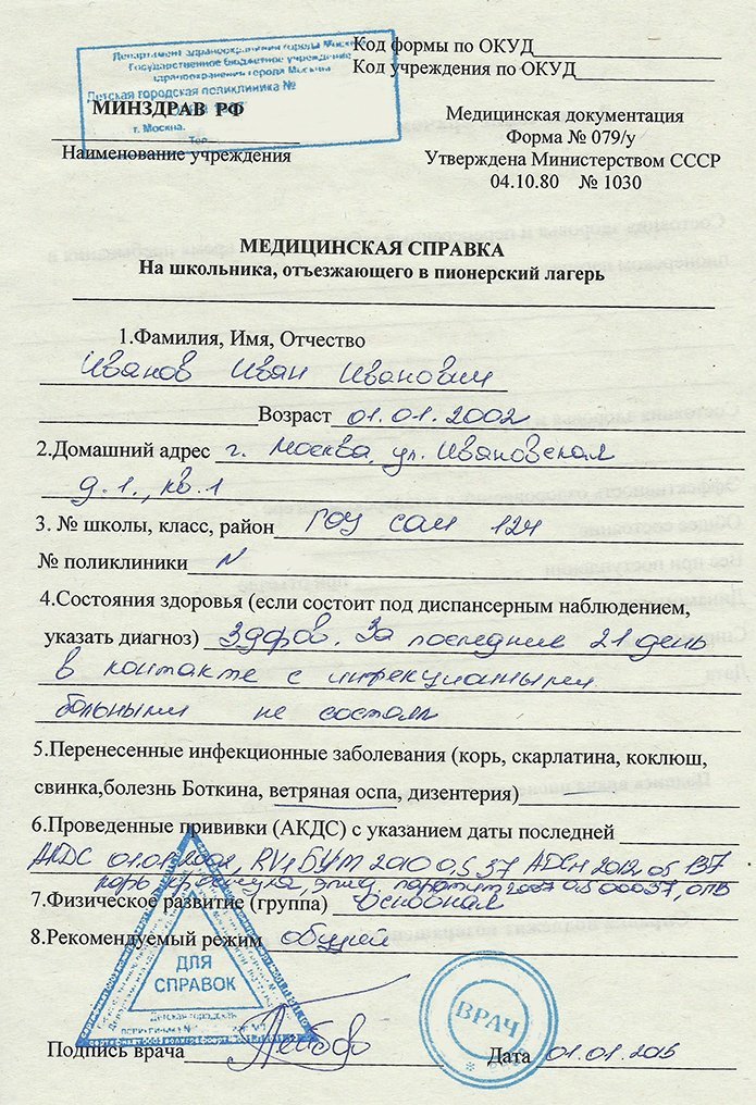 Справка 079у для лагеря купить в Москве с доставкой